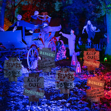 Load image into Gallery viewer, GABOSS Halloween Decorations Beware Signs Yard Stakes Outdoor Creepy Assorted Warning Sign,Scary Zombie Theme Party Decor Supplies,3 Pieces,12 Inch x 9 Inch